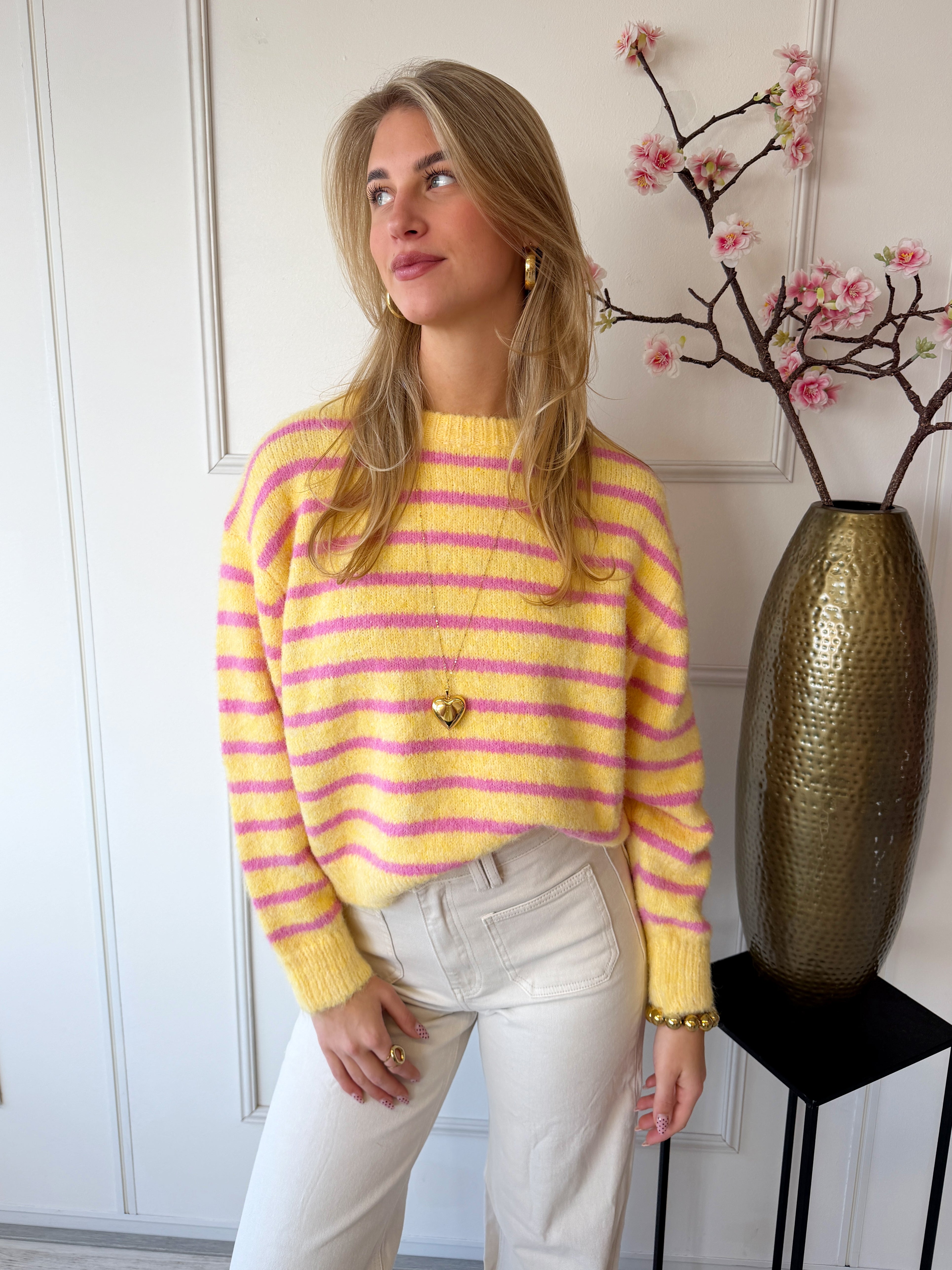 Sophie Striped Trui | Geel - Roze