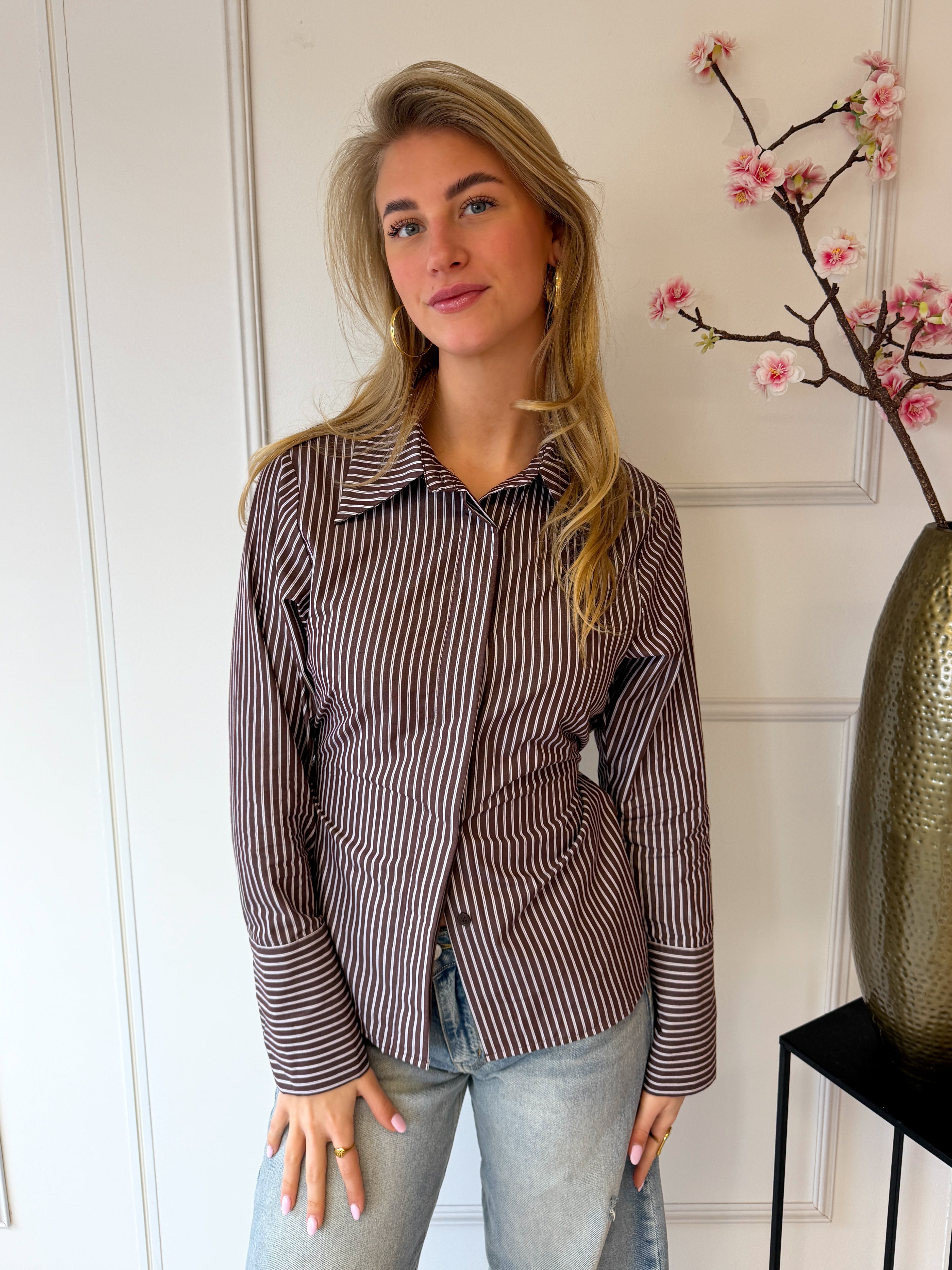 Striped Blouse met strik detail | Bruin