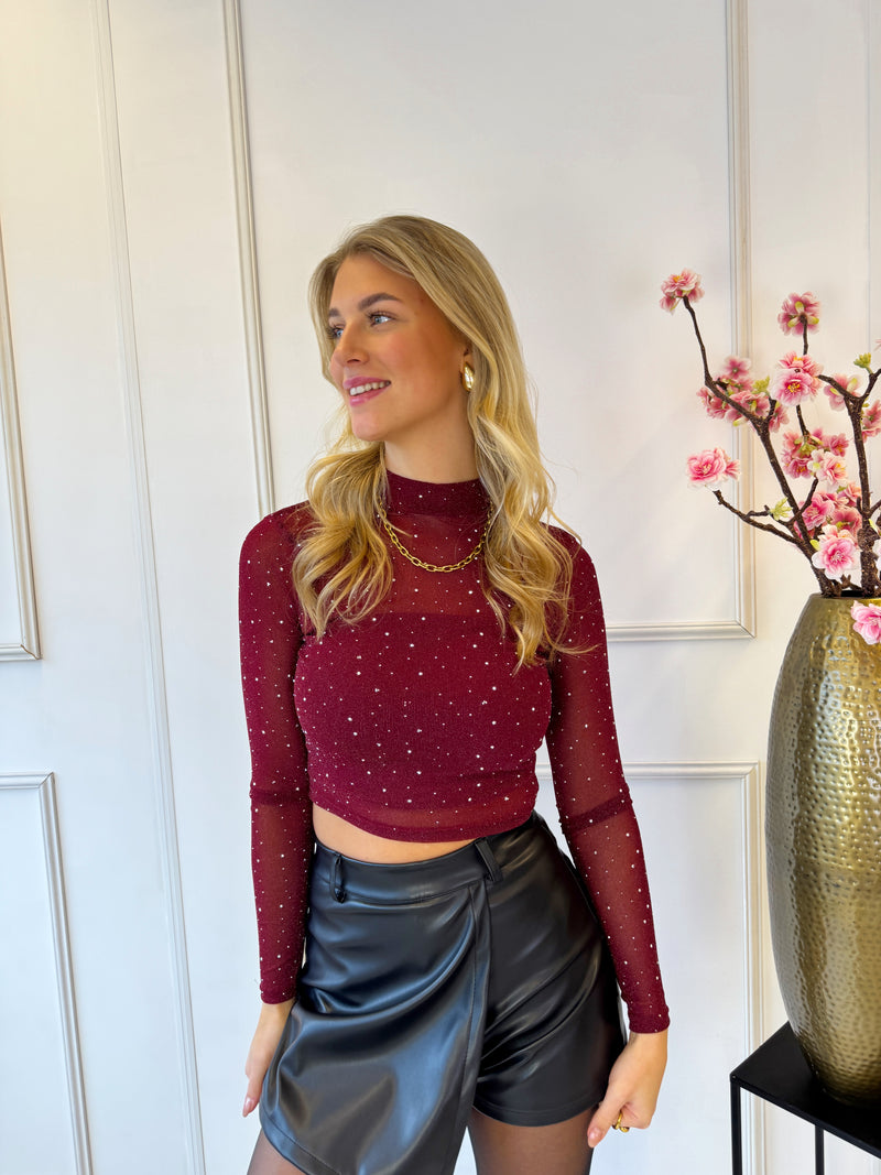 Mesh Strass Top | Bordeaux Rood