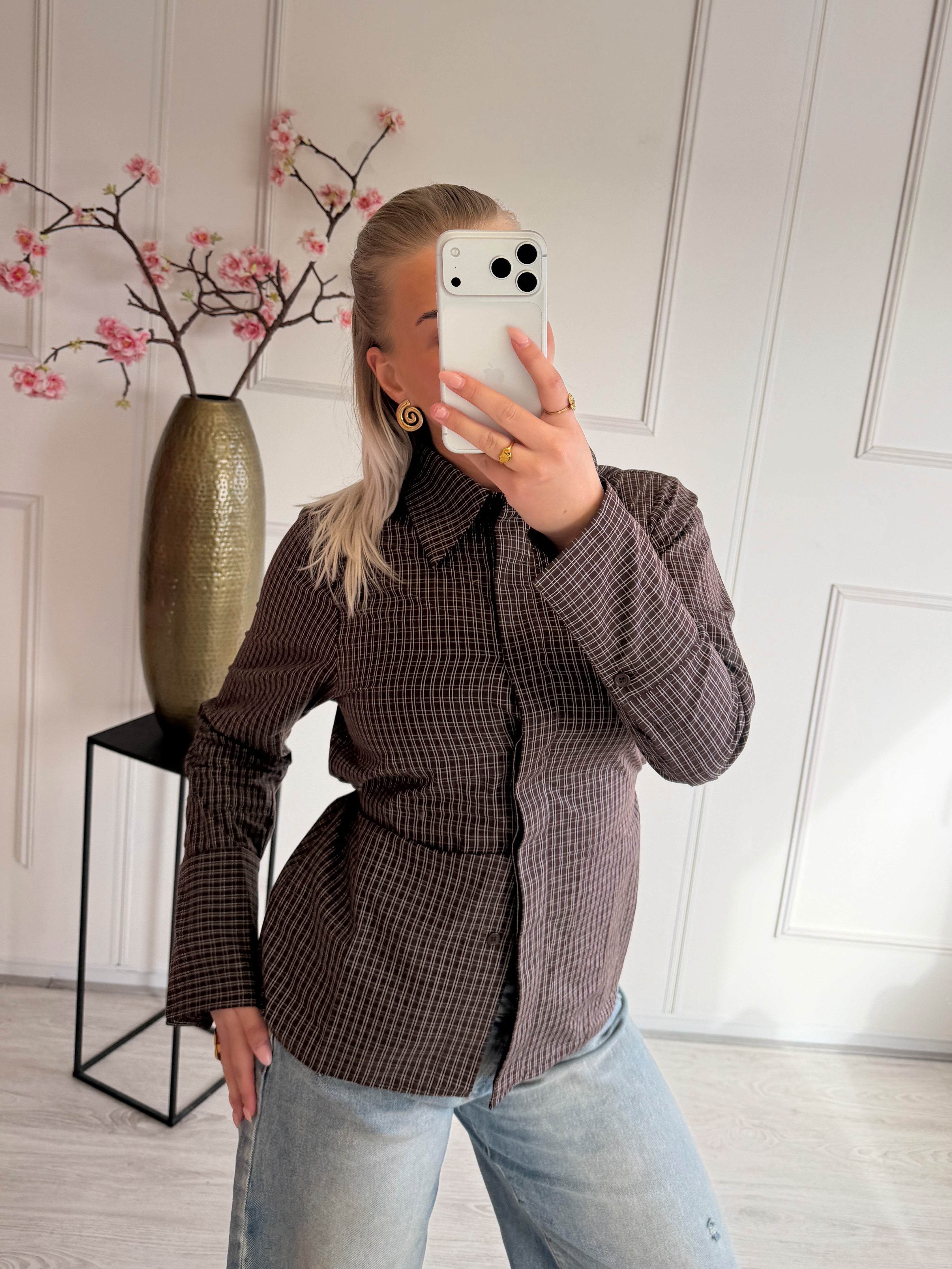 Geruite Blouse met strik detail | Bruin