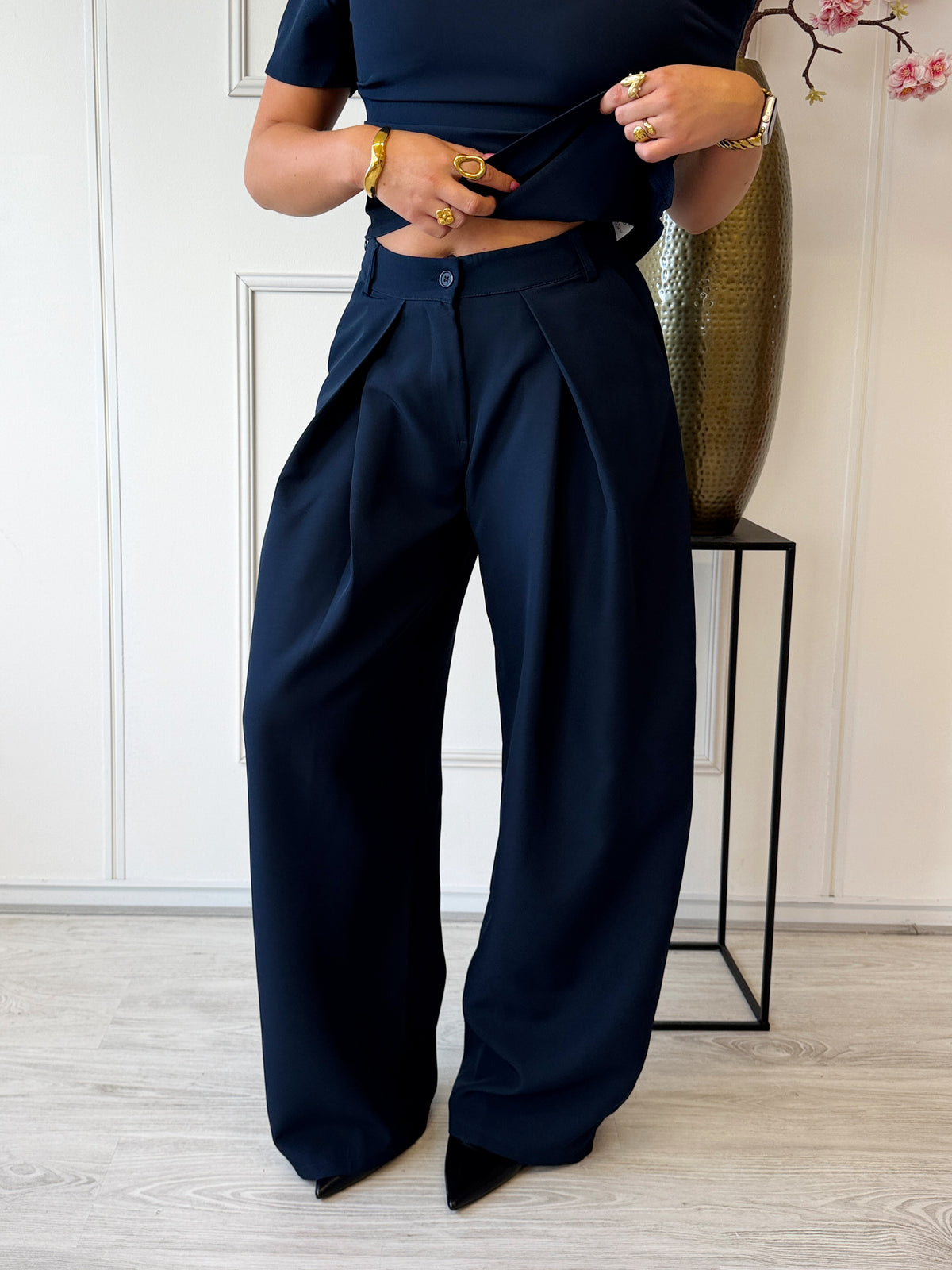 Wide Leg pantalon met plooien | Navy
