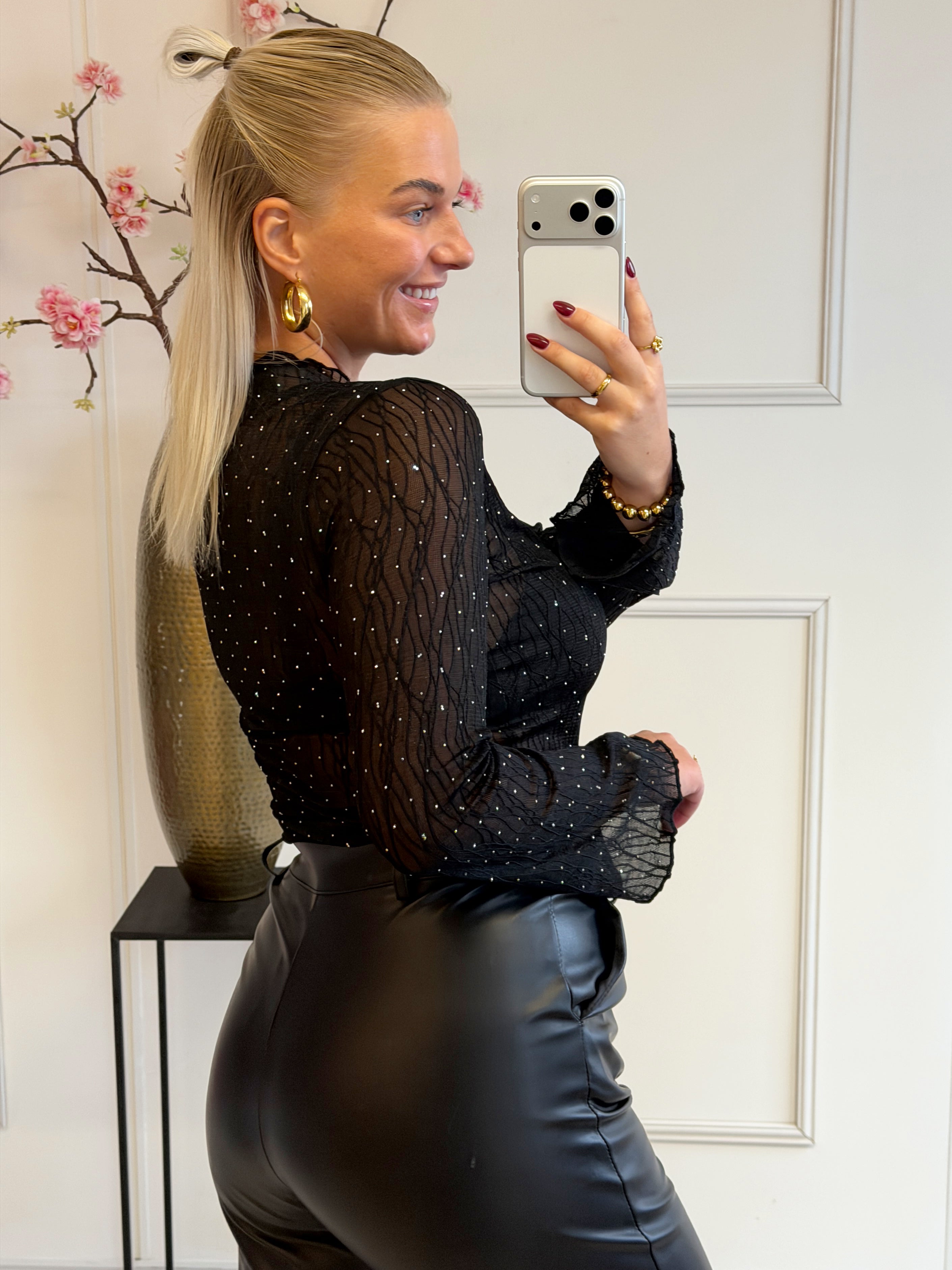 Mesh Top met diamantjes | Zwart