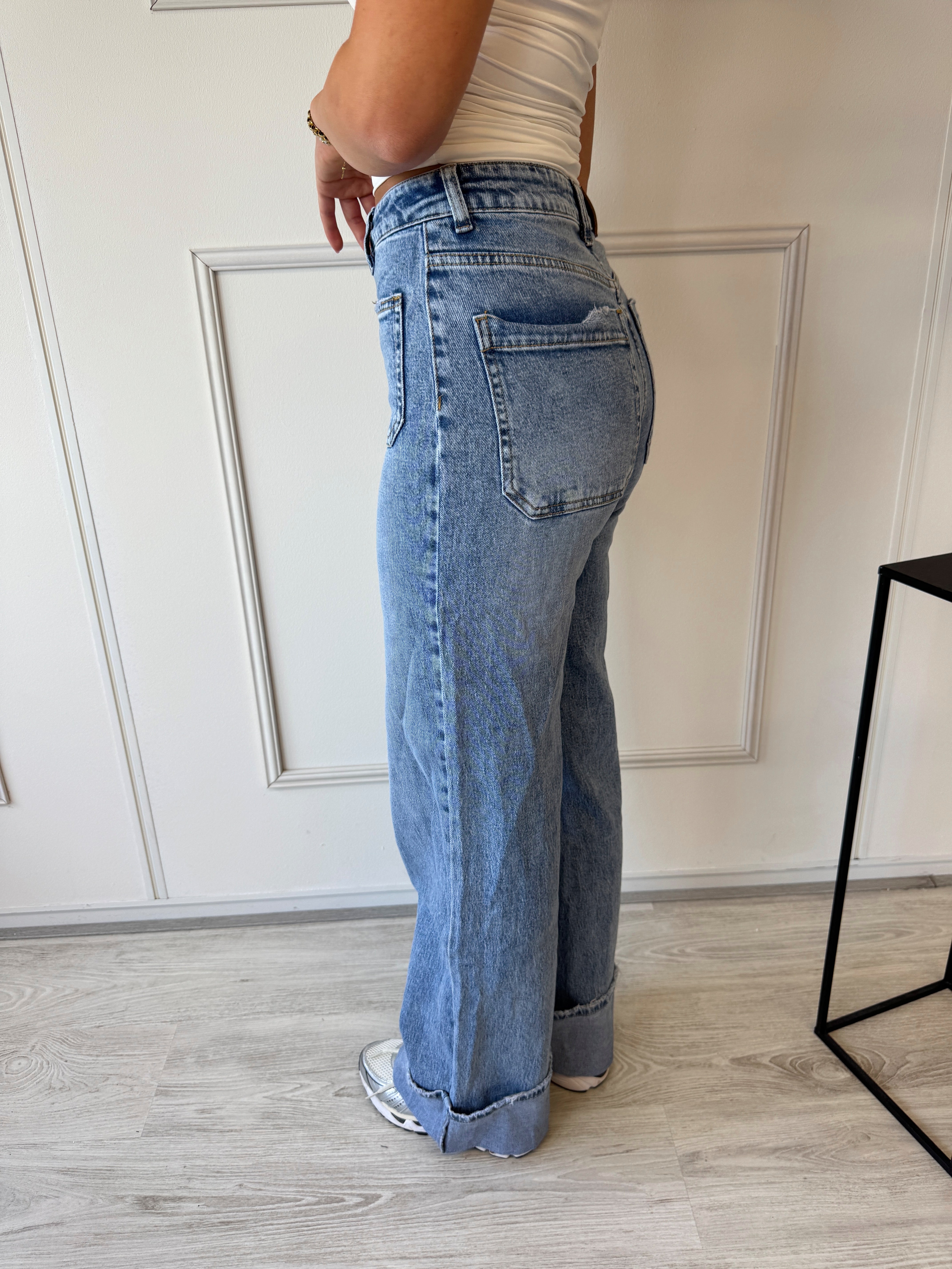 Wide Leg Front Pocket Cuff Jeans | Blauw