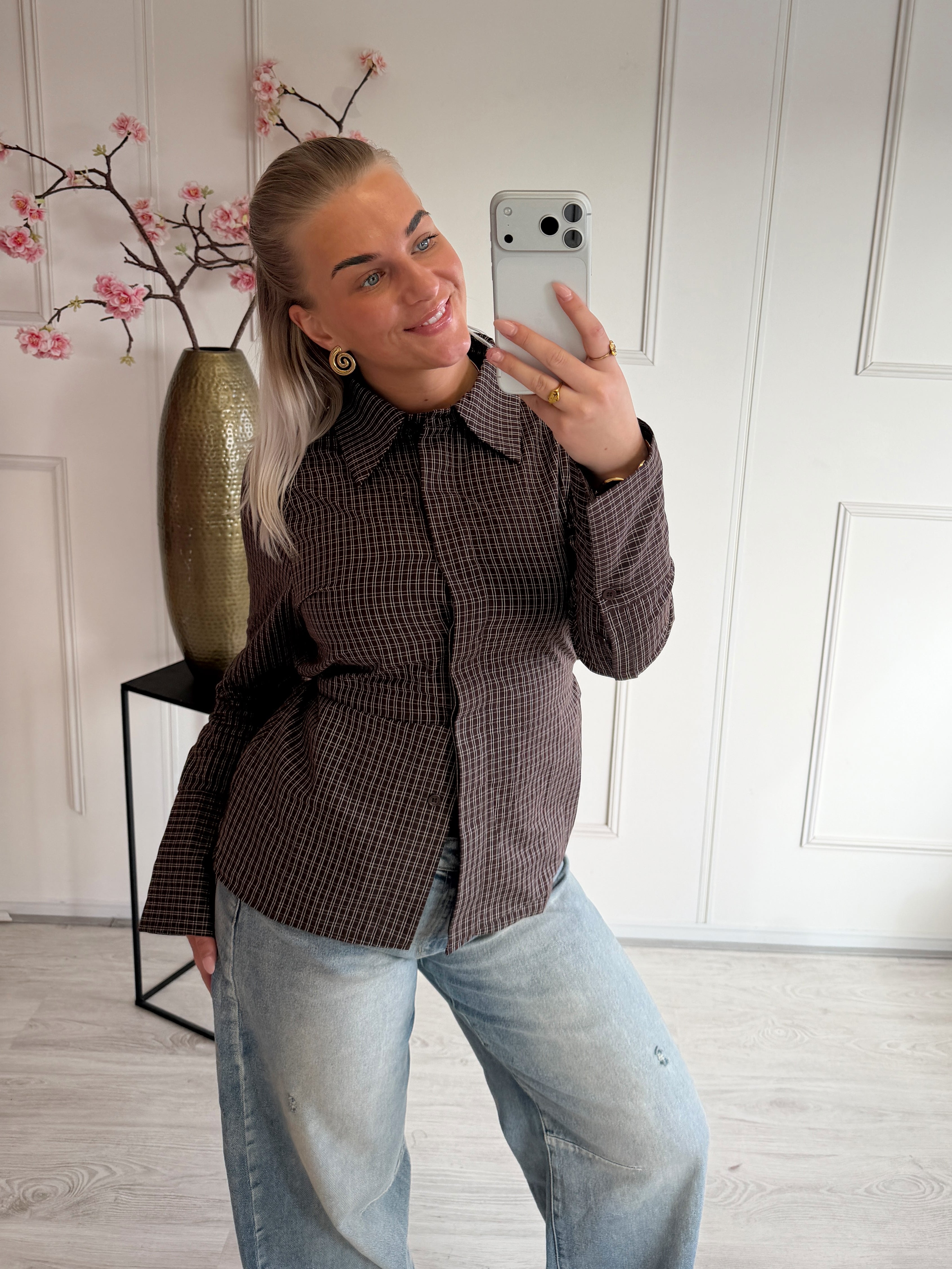 Geruite Blouse met strik detail | Bruin