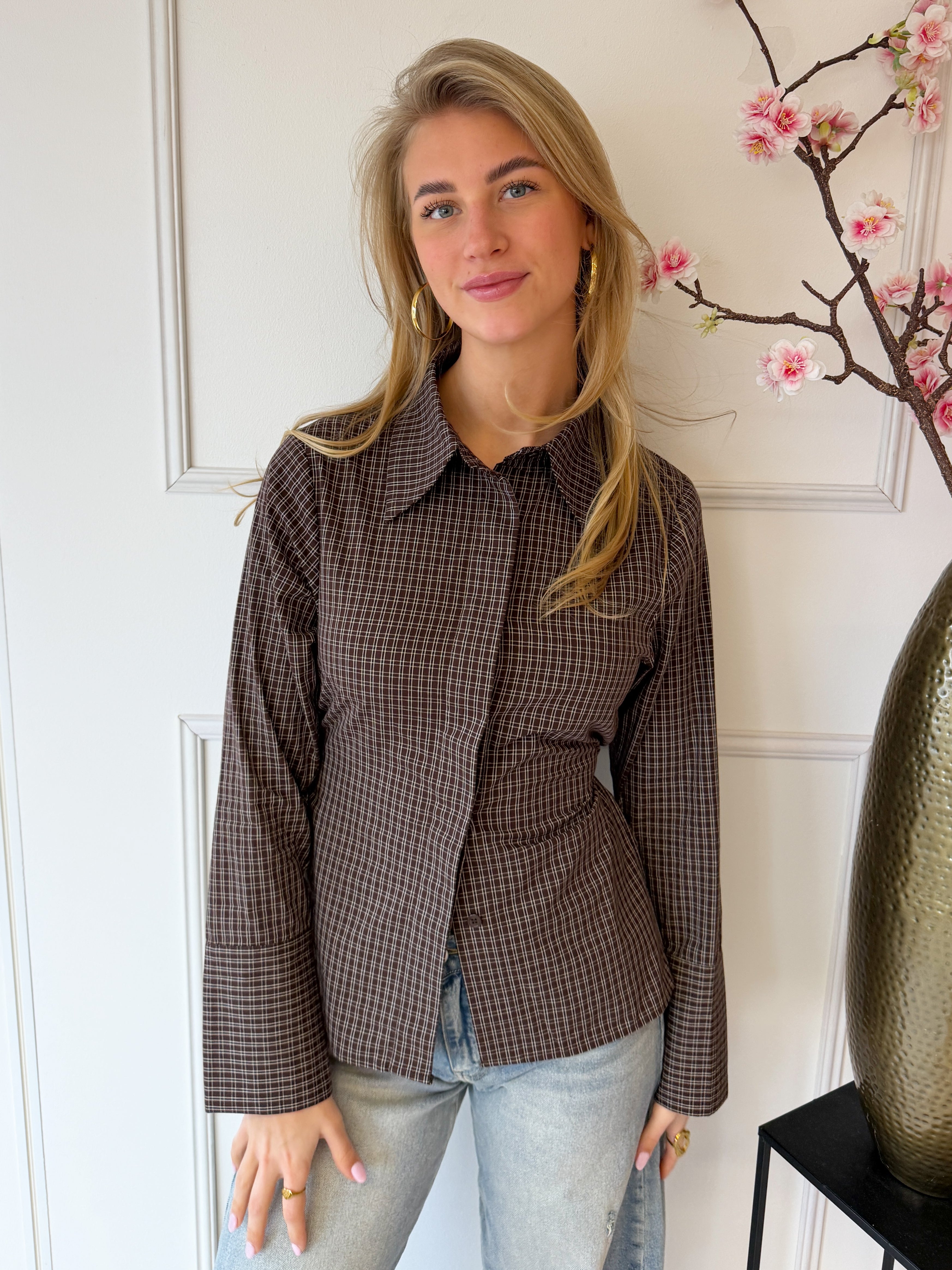 Geruite Blouse met strik detail | Bruin