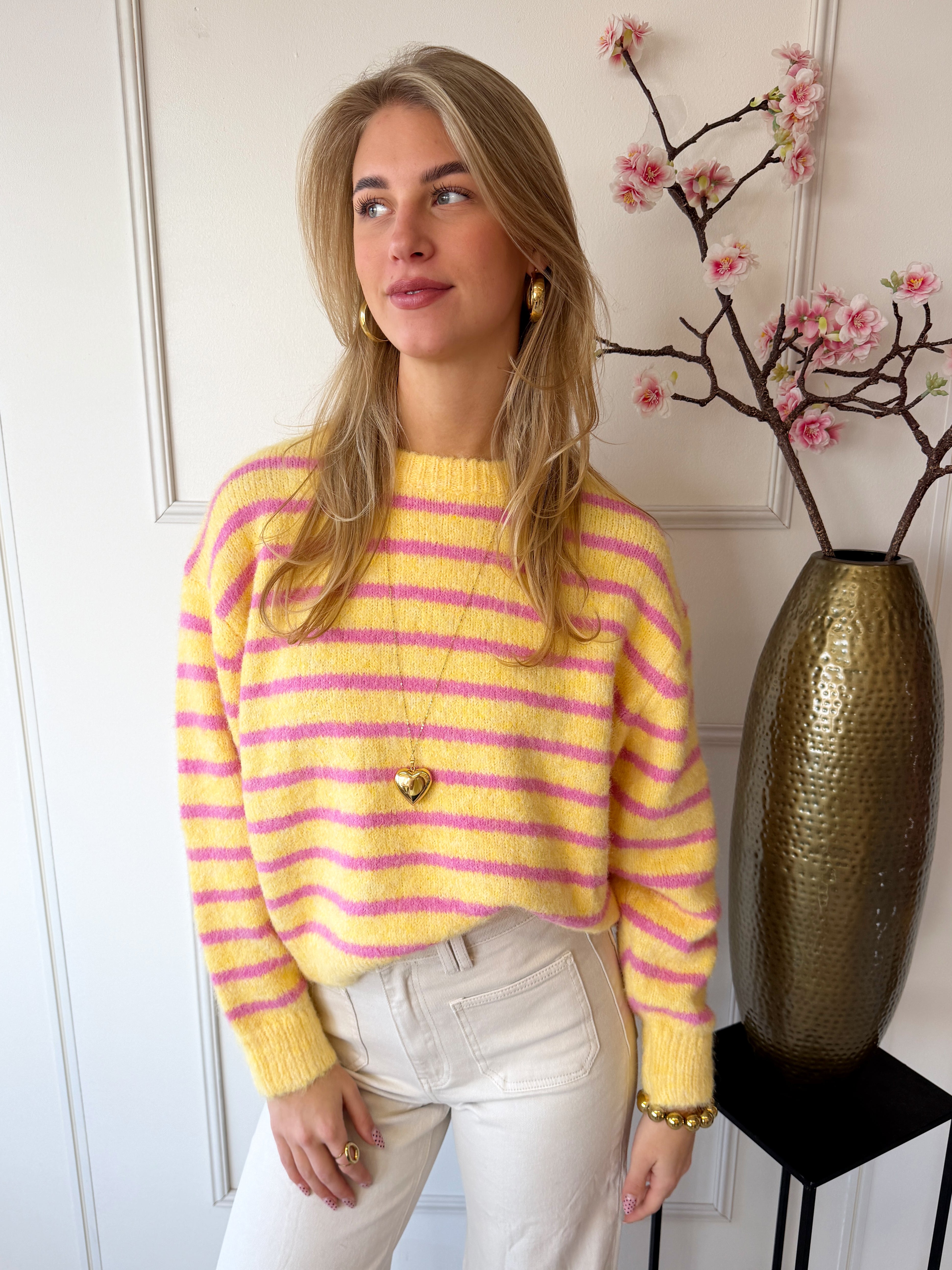 Sophie Striped Trui | Geel - Roze