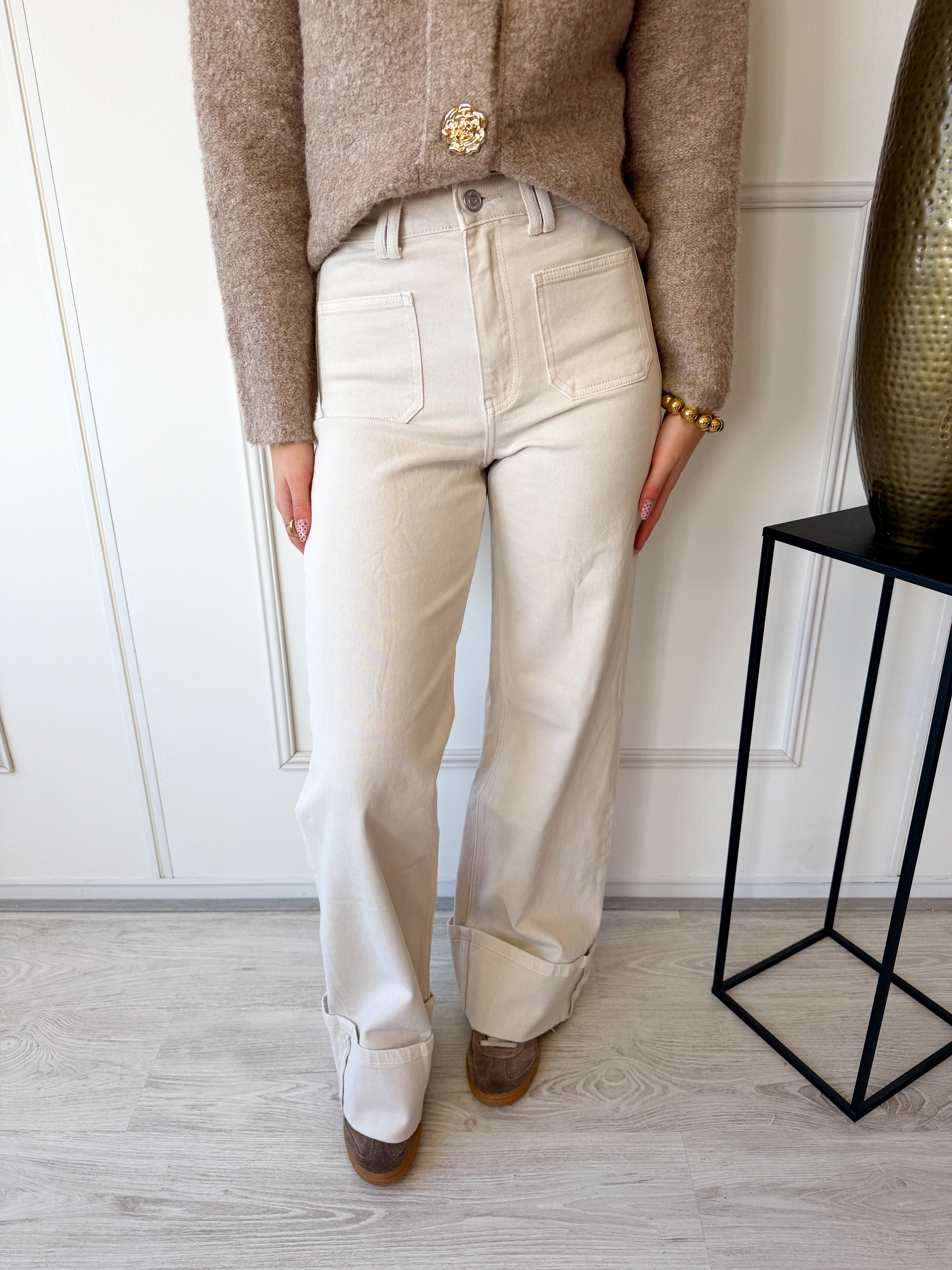Wide Leg Front Pocket Cuff Jeans | Beige