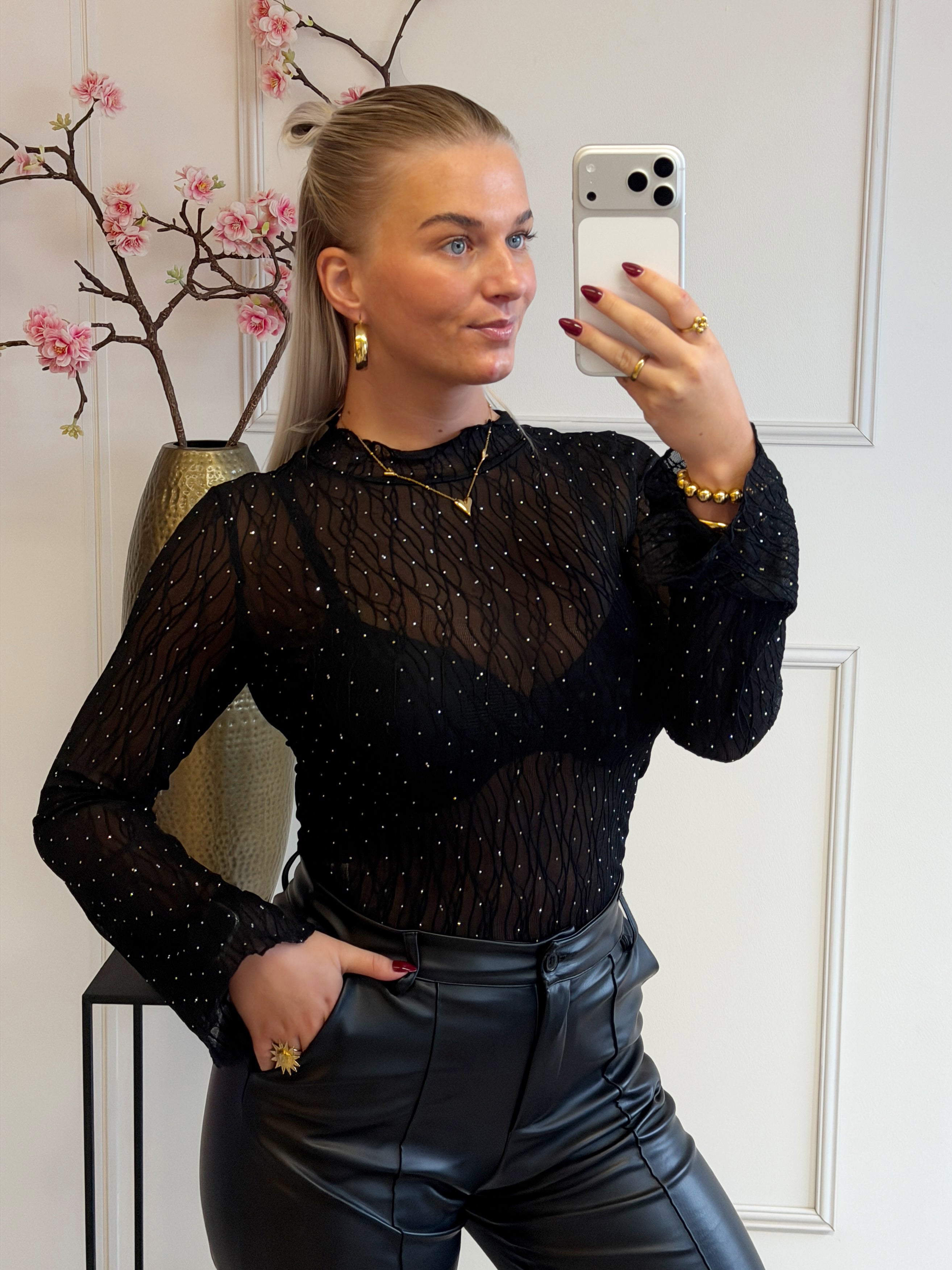 Mesh Top met diamantjes | Zwart