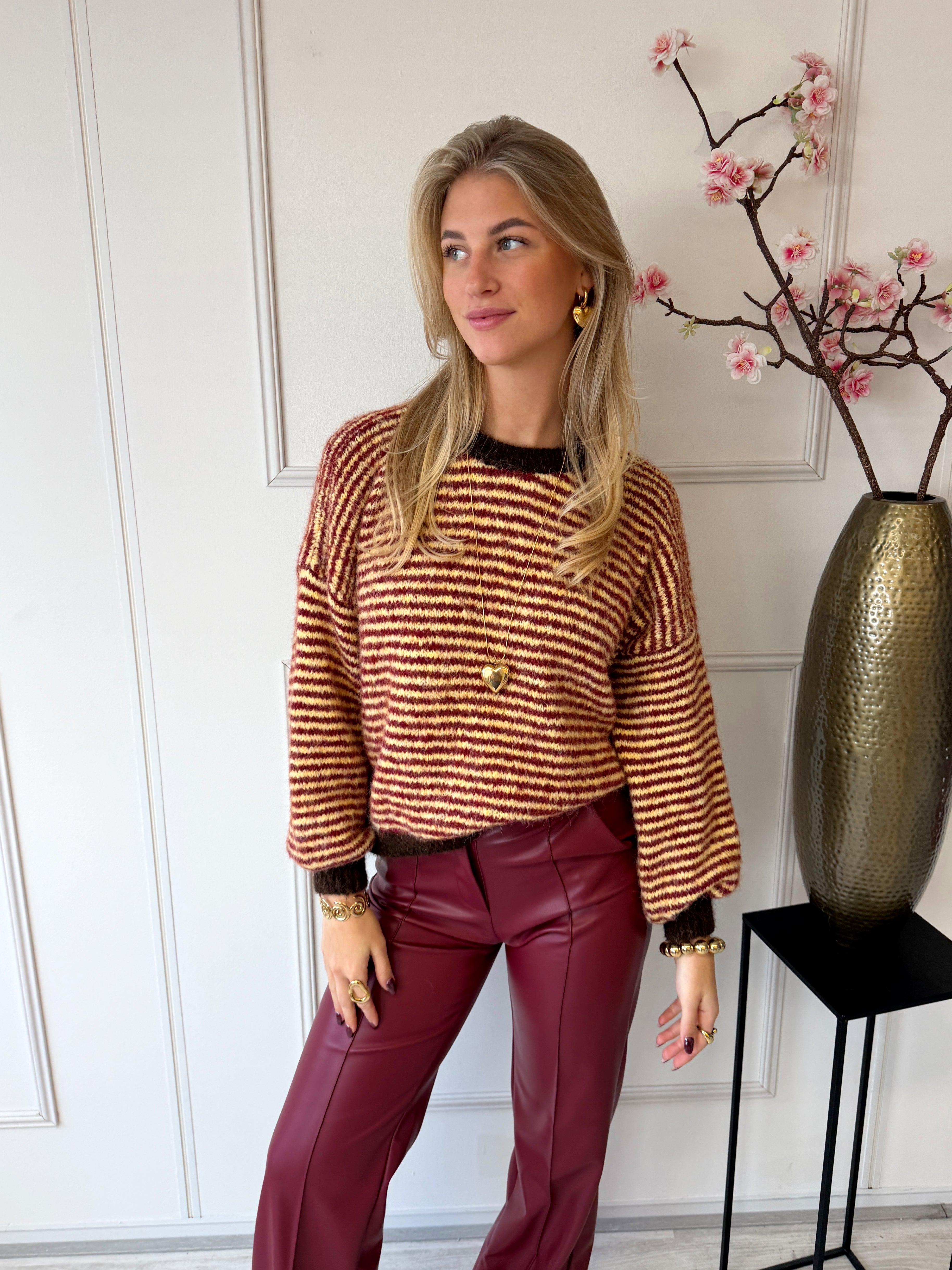 Chastar Striped Sweater | Burgundy - Geel