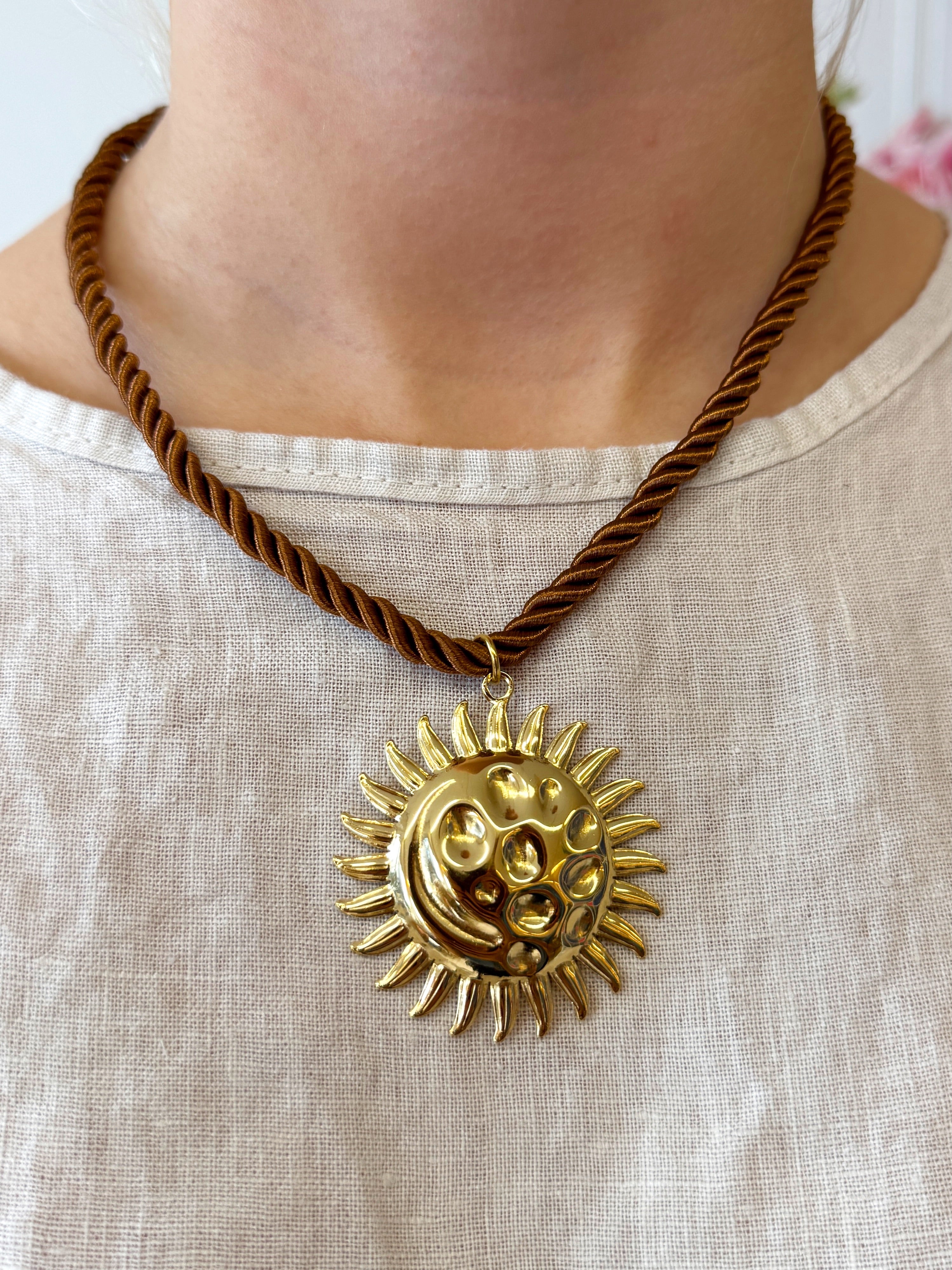 Grote Zon Hanger Ketting | Bruin - Goud