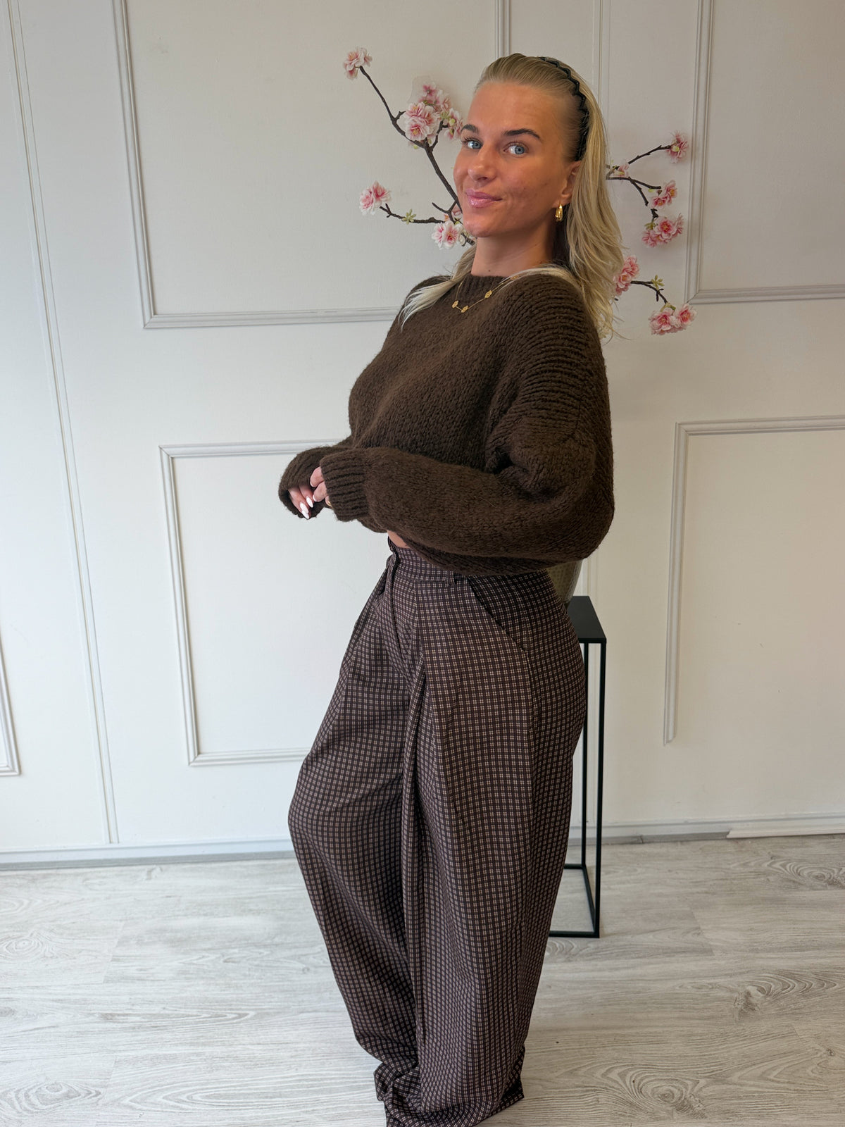 Check Wide Leg Pantalon met plooien TALL | Bruin