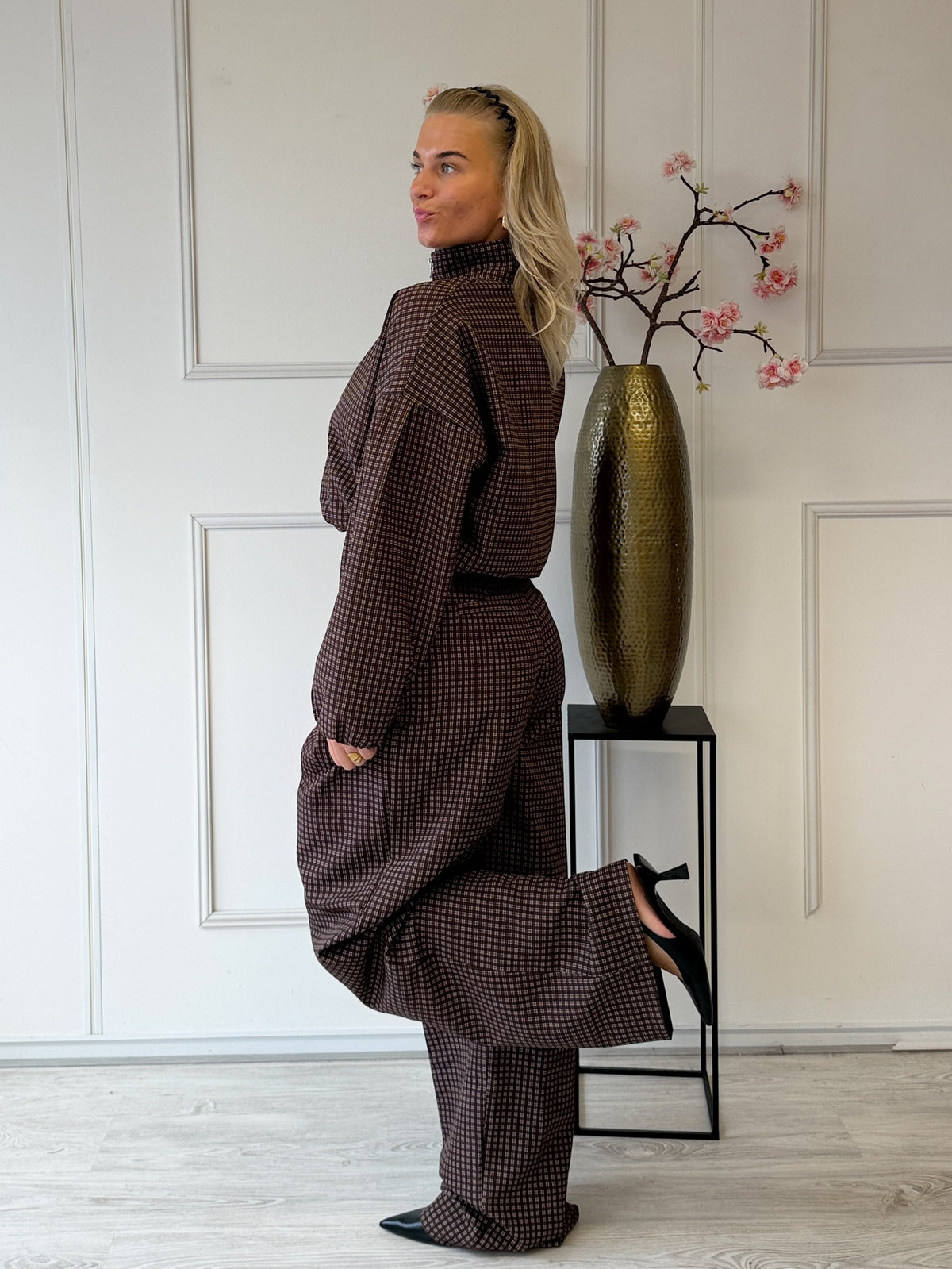 Check Wide Leg Pantalon met plooien TALL | Bruin