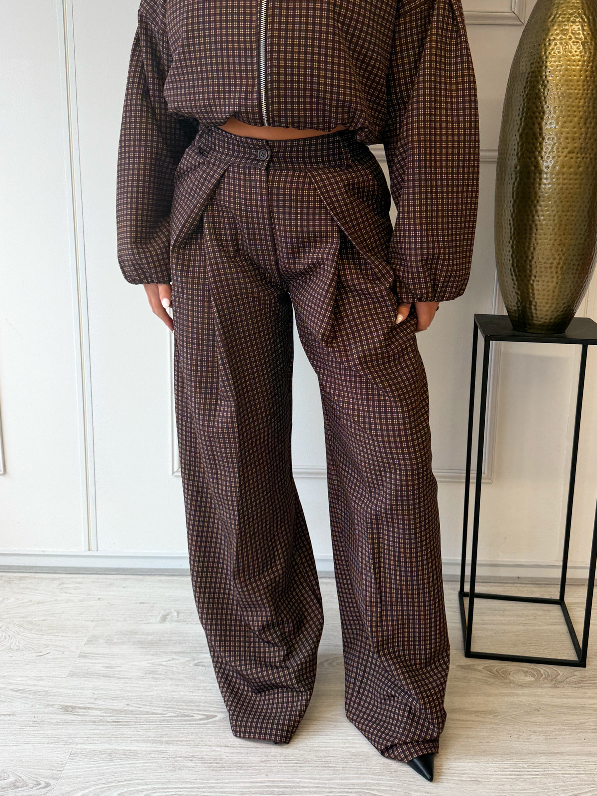 Check Wide Leg Pantalon met plooien TALL | Bruin