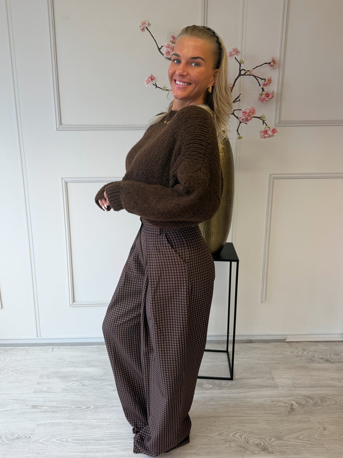 Check Wide Leg Pantalon met plooien TALL | Bruin